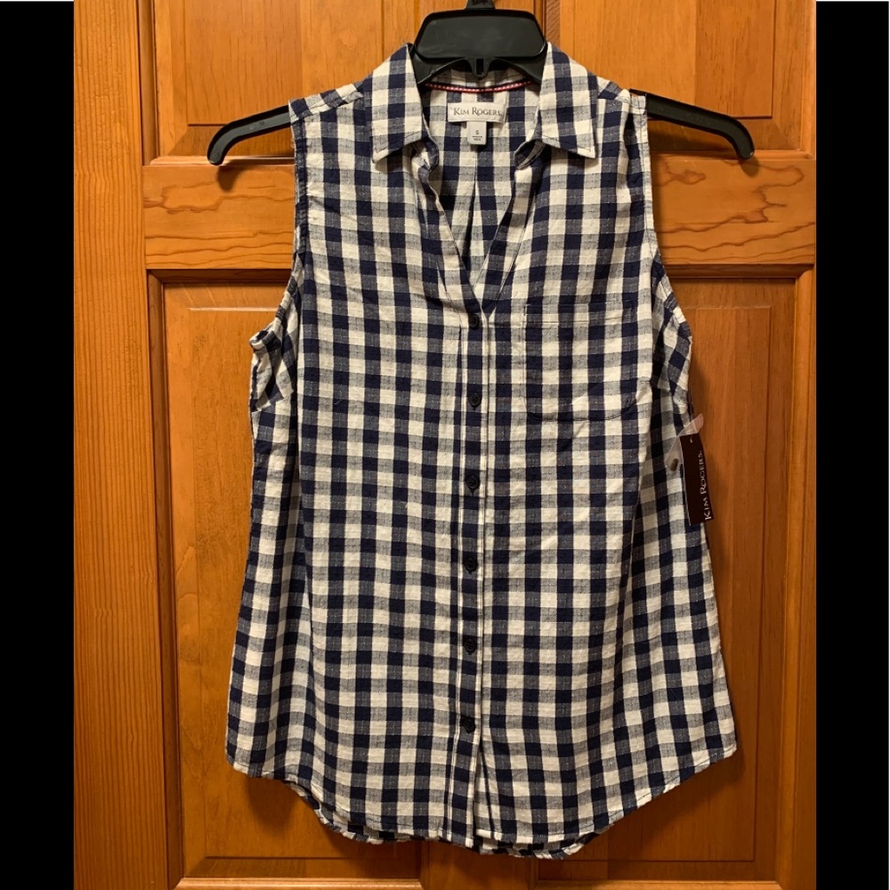 🔴NEW-Women’s Kim Rogers Casual Navy/White Gingham Sleeveless Top Size Small
